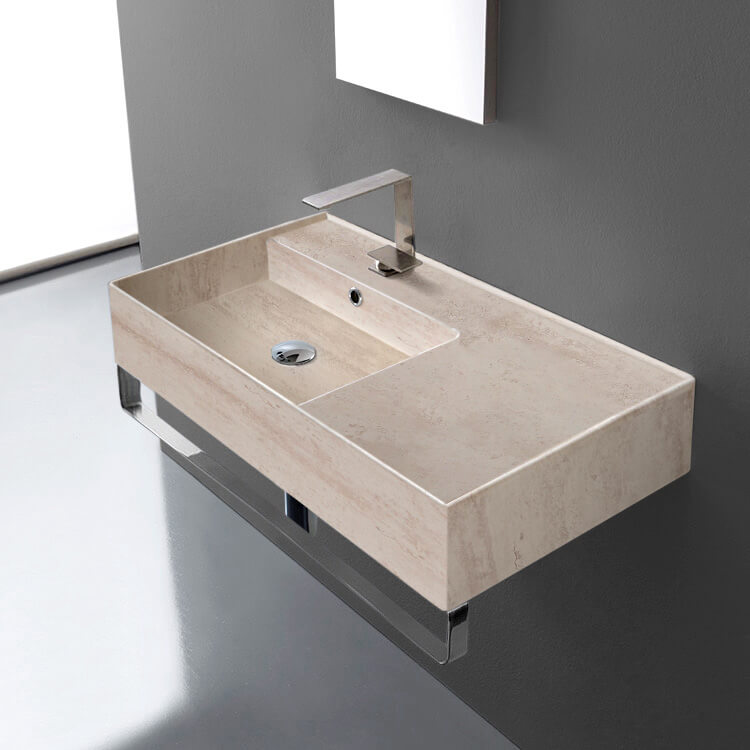 Scarabeo 5115-E-TB-One Hole Beige Travertine Design Ceramic Wall Mounted Sink With Counter Space, Towel Bar Included